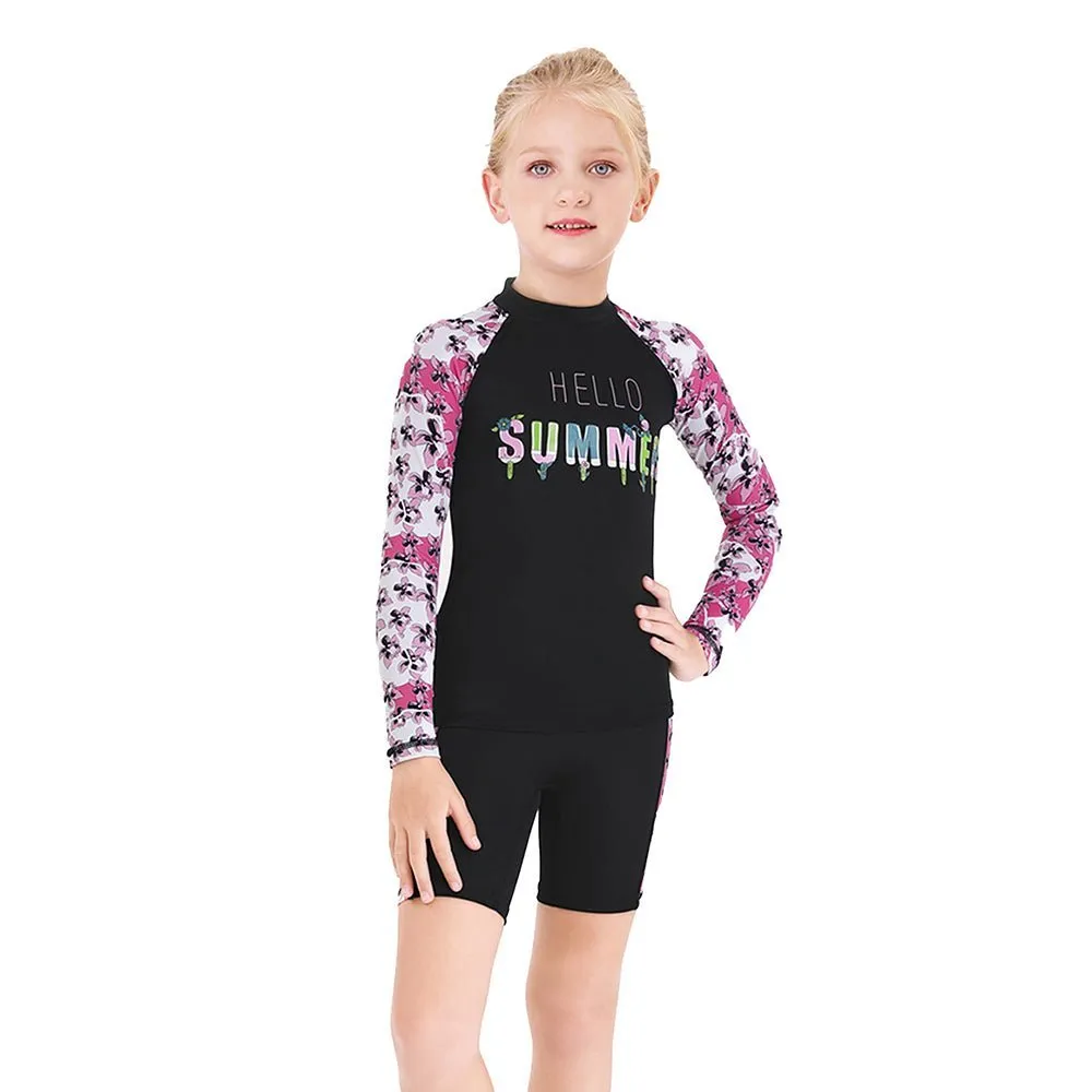 2 pcs Shirt & Shorts set Black & Pink Floral Sleeve Print Swimwear for Kids with UP50