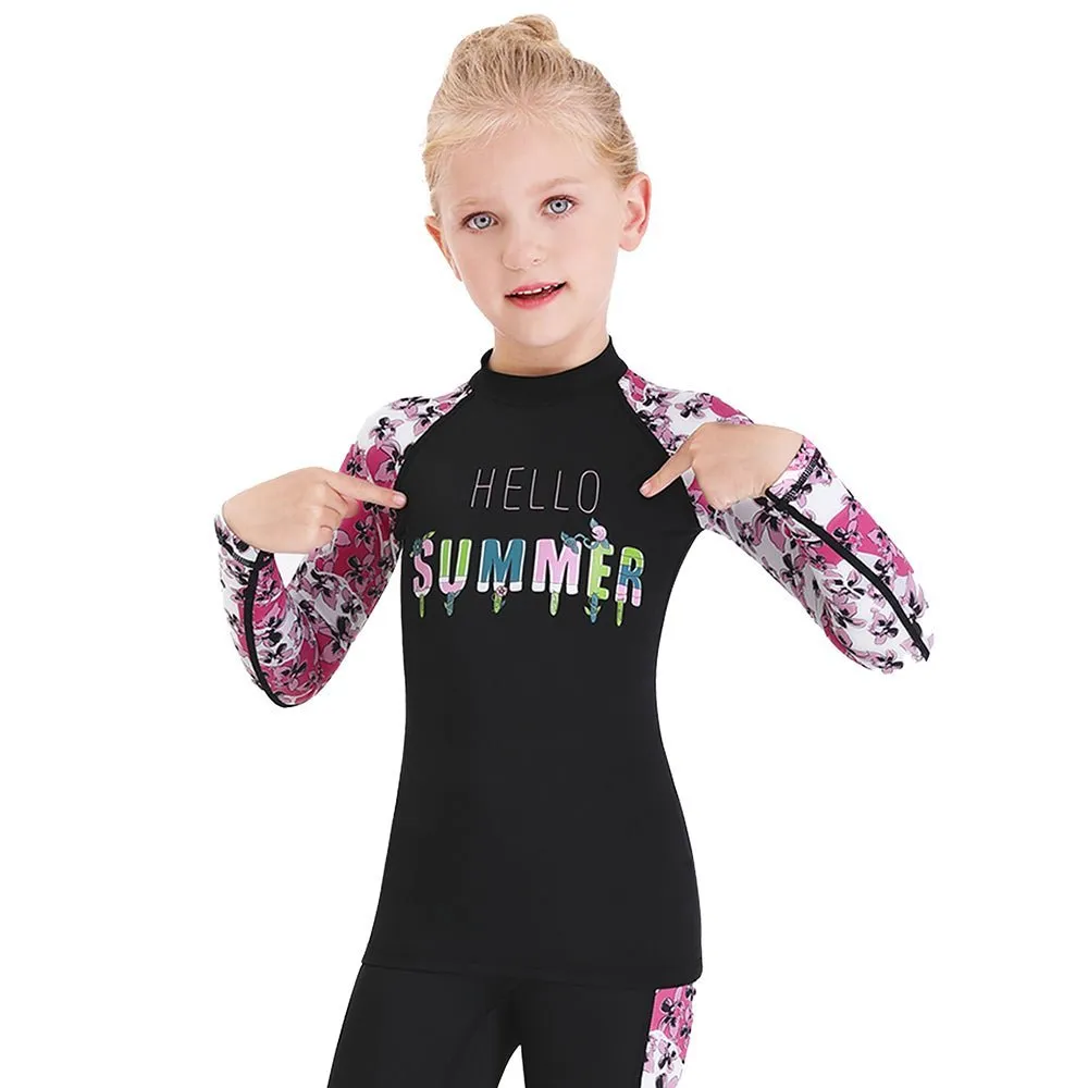 2 pcs Shirt & Shorts set Black & Pink Floral Sleeve Print Swimwear for Kids with UP50