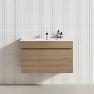 3-Door 900mm Wall Hung Bathroom Floating Vanity Prime Oak Cabinet Only