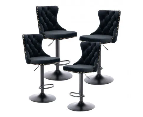 4x Height Adjustable Swivel Bar Stool Velvet Nailhead Barstool with Footrest