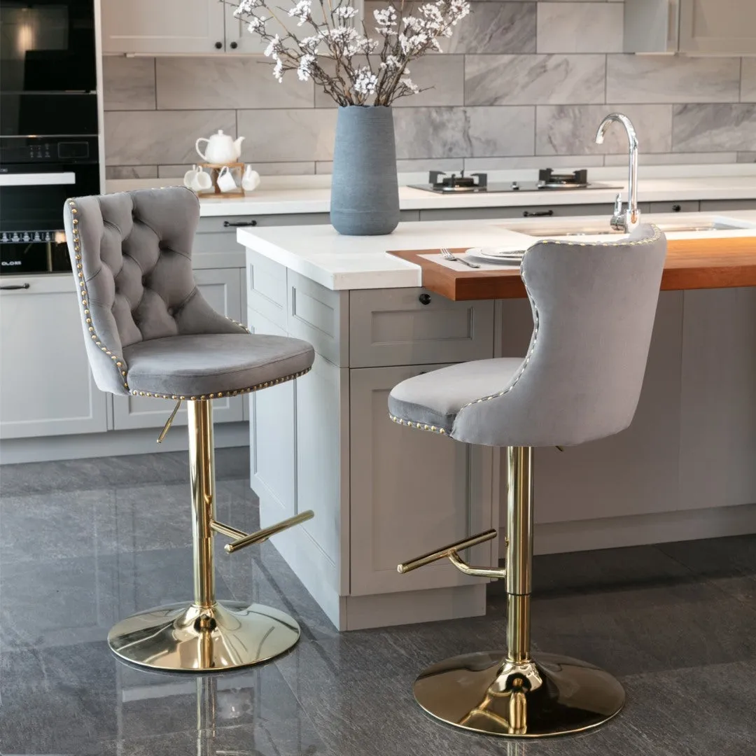 Adjustable Velvet Swivel Bar Stools, Gold Base, Grey, Set of 4