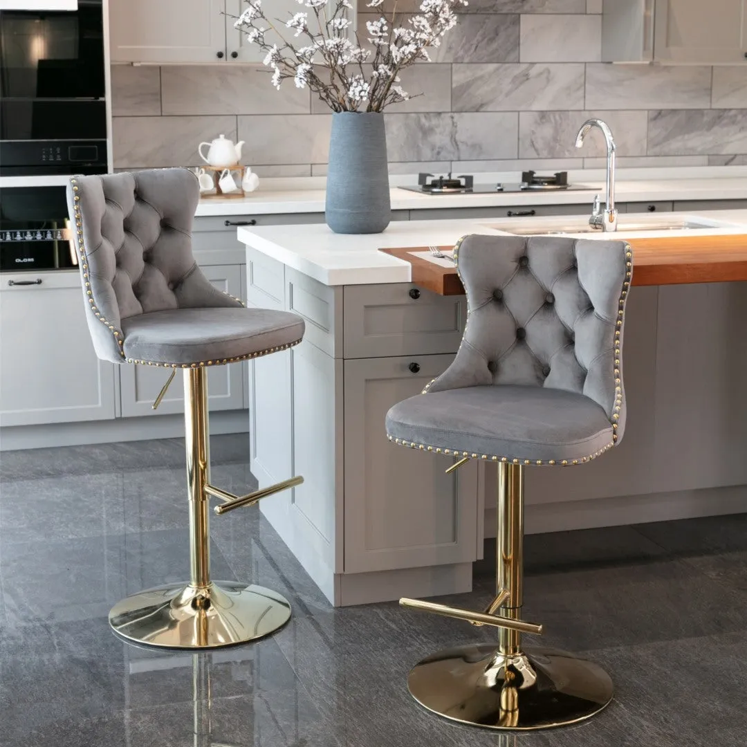 Adjustable Velvet Swivel Bar Stools, Gold Base, Grey, Set of 4