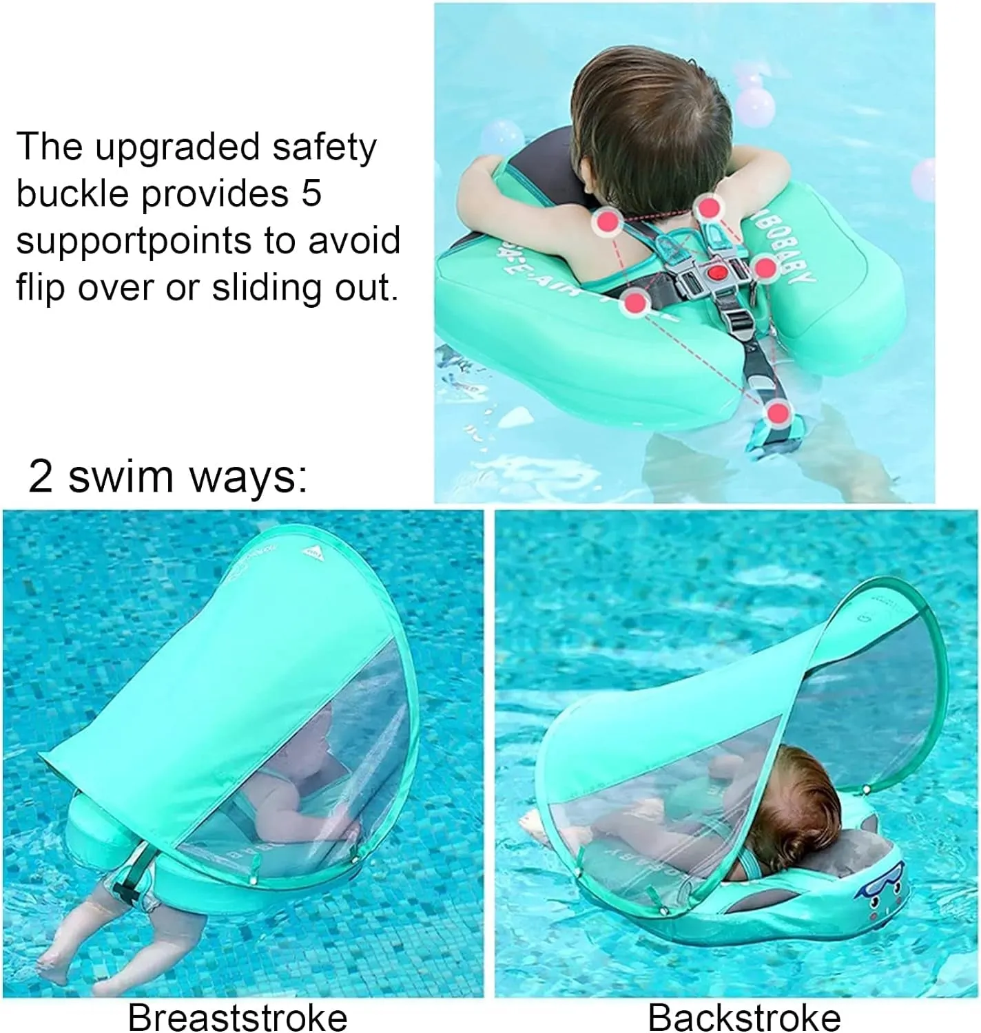 Baby Pool Float with Canopy UPF 50 , Non Inflatable  Float, Baby Floaties for Infants Swimming Training, No Flip over Baby Swimming Float