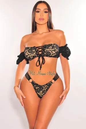 Black Nude Floral Lace Off Shoulder Strappy O-Ring Bikini