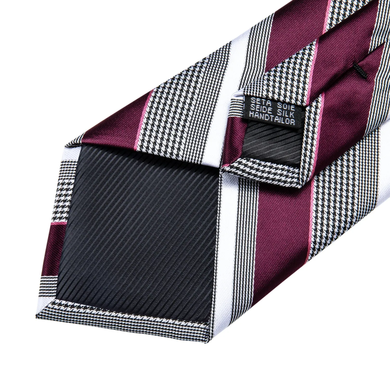 Burgundy Grey Striped Tie Pocket Square Cufflinks Set with Spacious Ring