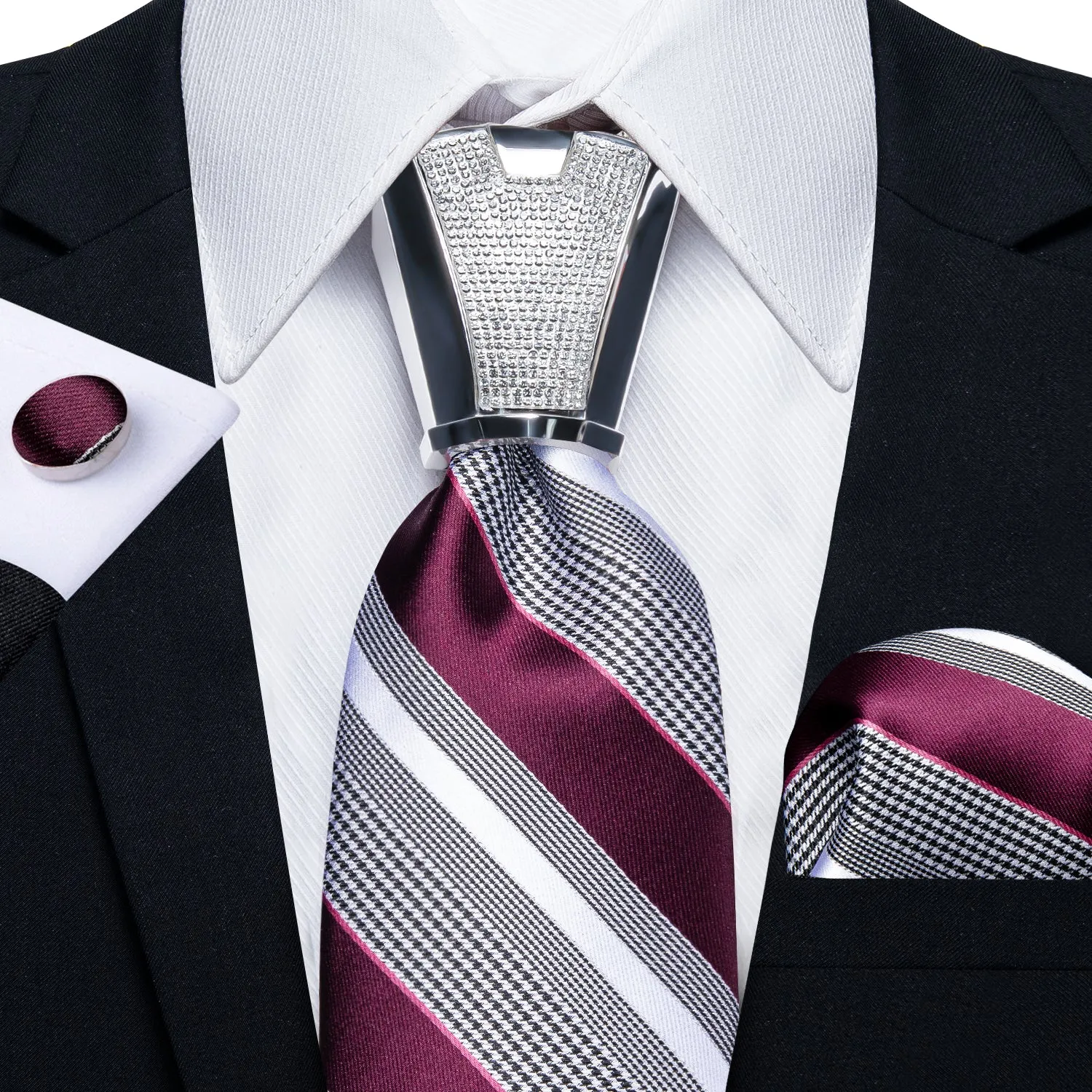 Burgundy Grey Striped Tie Pocket Square Cufflinks Set with Spacious Ring