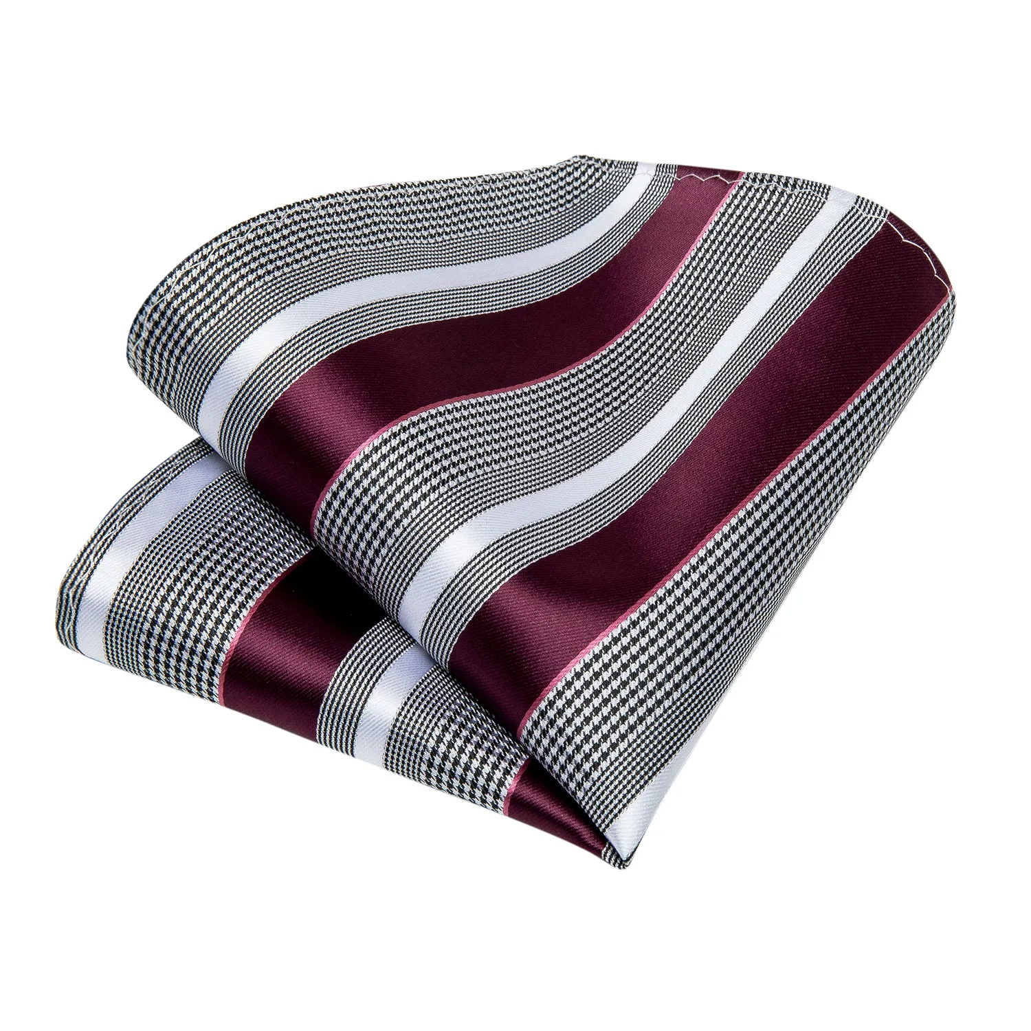 Burgundy Grey Striped Tie Pocket Square Cufflinks Set with Spacious Ring