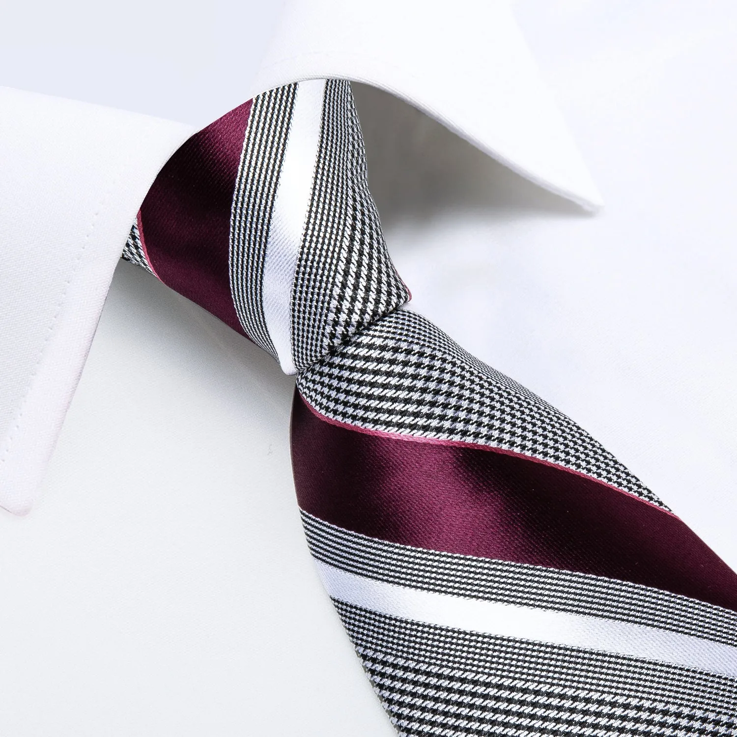 Burgundy Grey Striped Tie Pocket Square Cufflinks Set with Spacious Ring