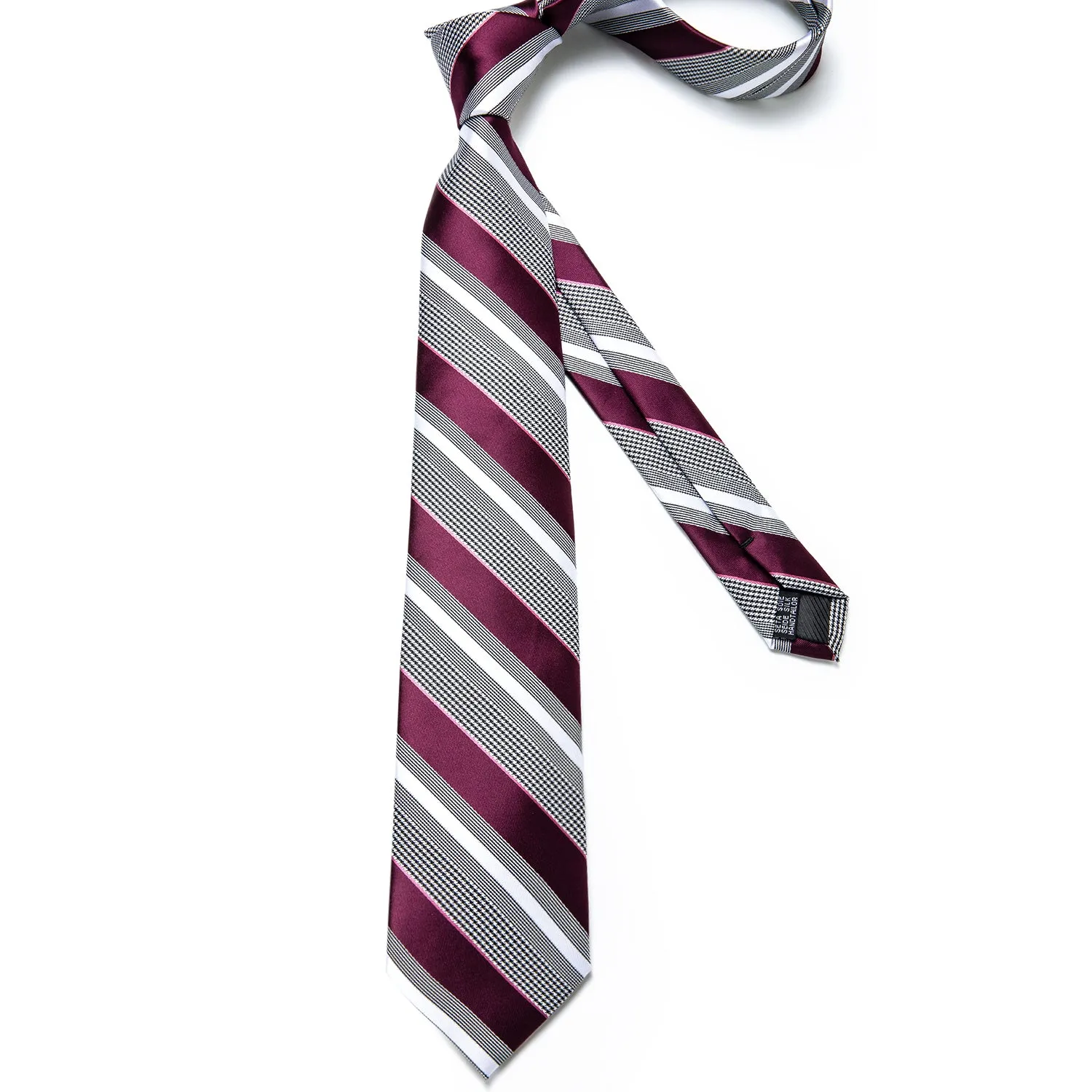 Burgundy Grey Striped Tie Pocket Square Cufflinks Set with Spacious Ring