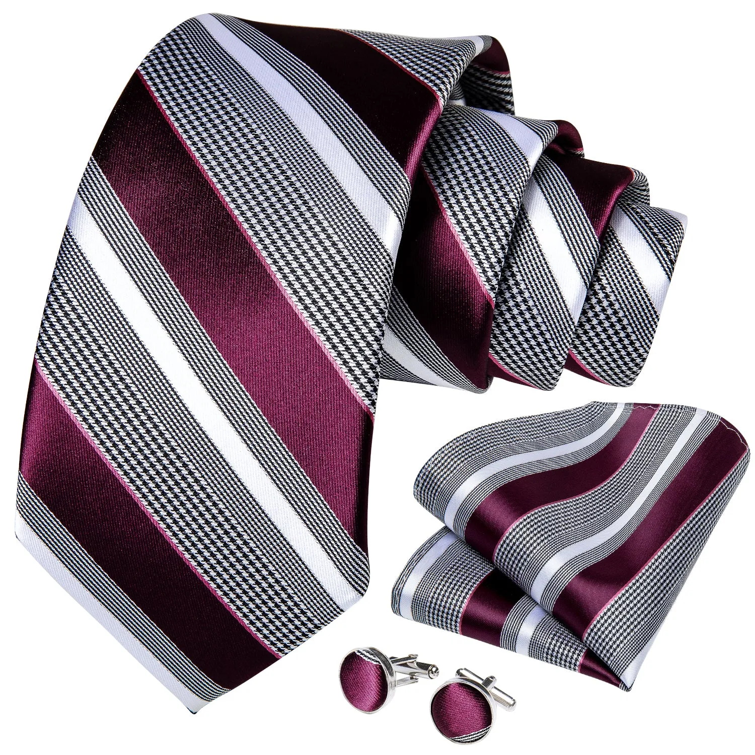 Burgundy Grey Striped Tie Pocket Square Cufflinks Set with Spacious Ring