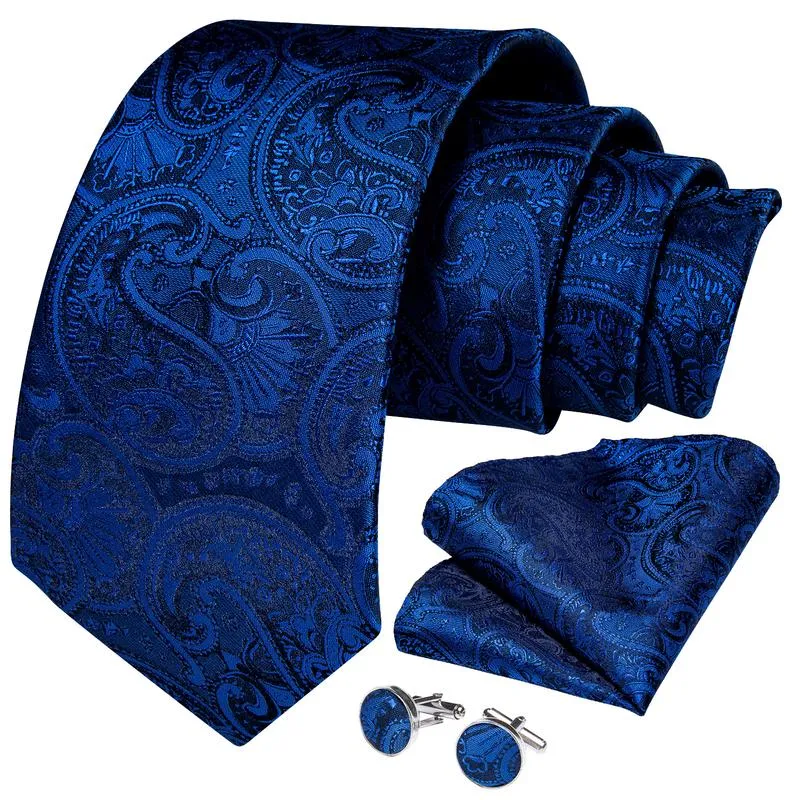 Deep Blue Paisley Tie Pocket Square Cufflinks Set with Spacious Ring