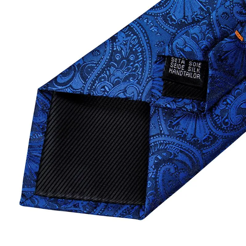 Deep Blue Paisley Tie Pocket Square Cufflinks Set with Spacious Ring