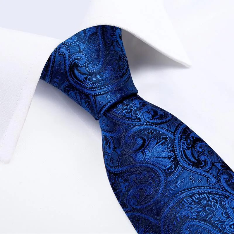 Deep Blue Paisley Tie Pocket Square Cufflinks Set with Spacious Ring