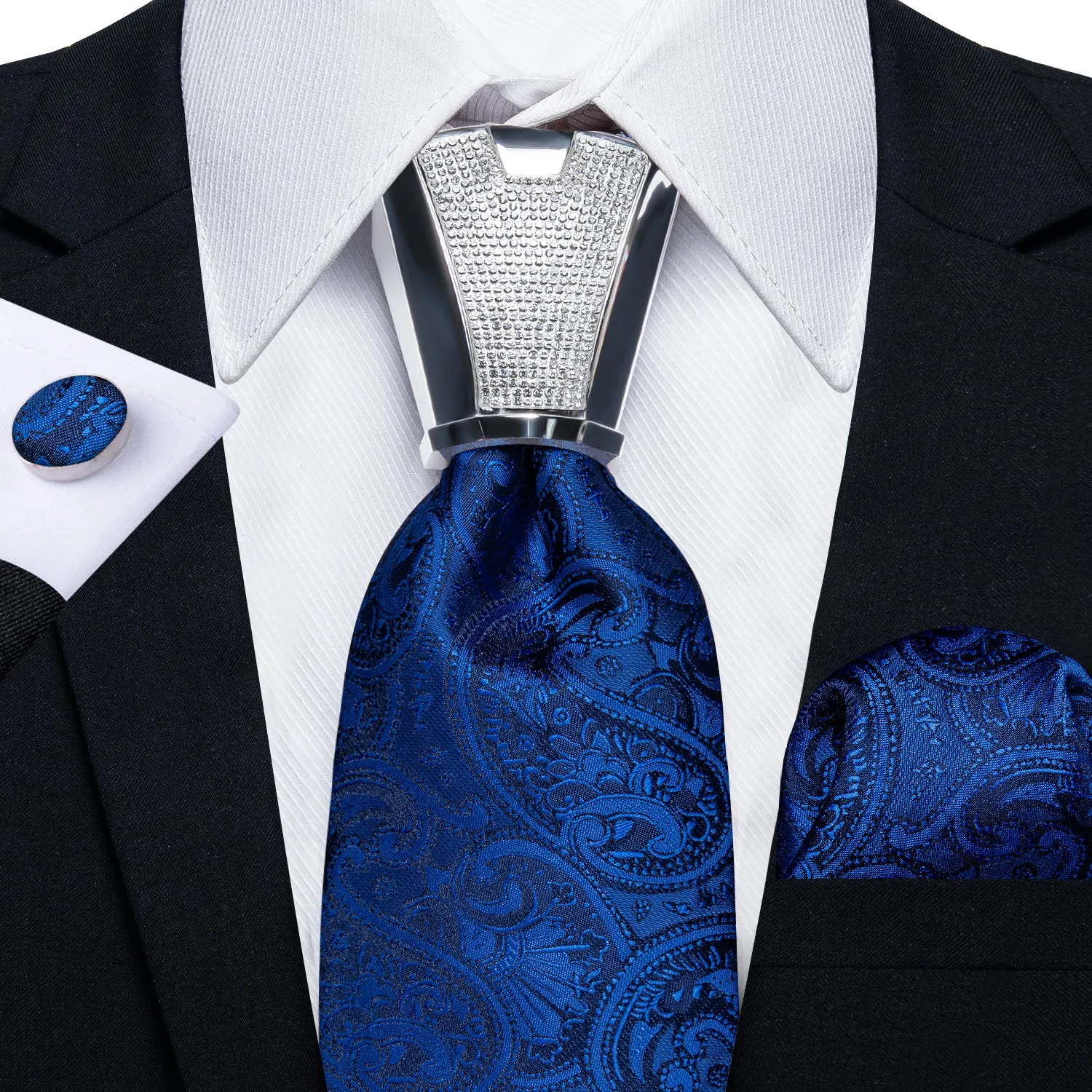 Deep Blue Paisley Tie Pocket Square Cufflinks Set with Spacious Ring