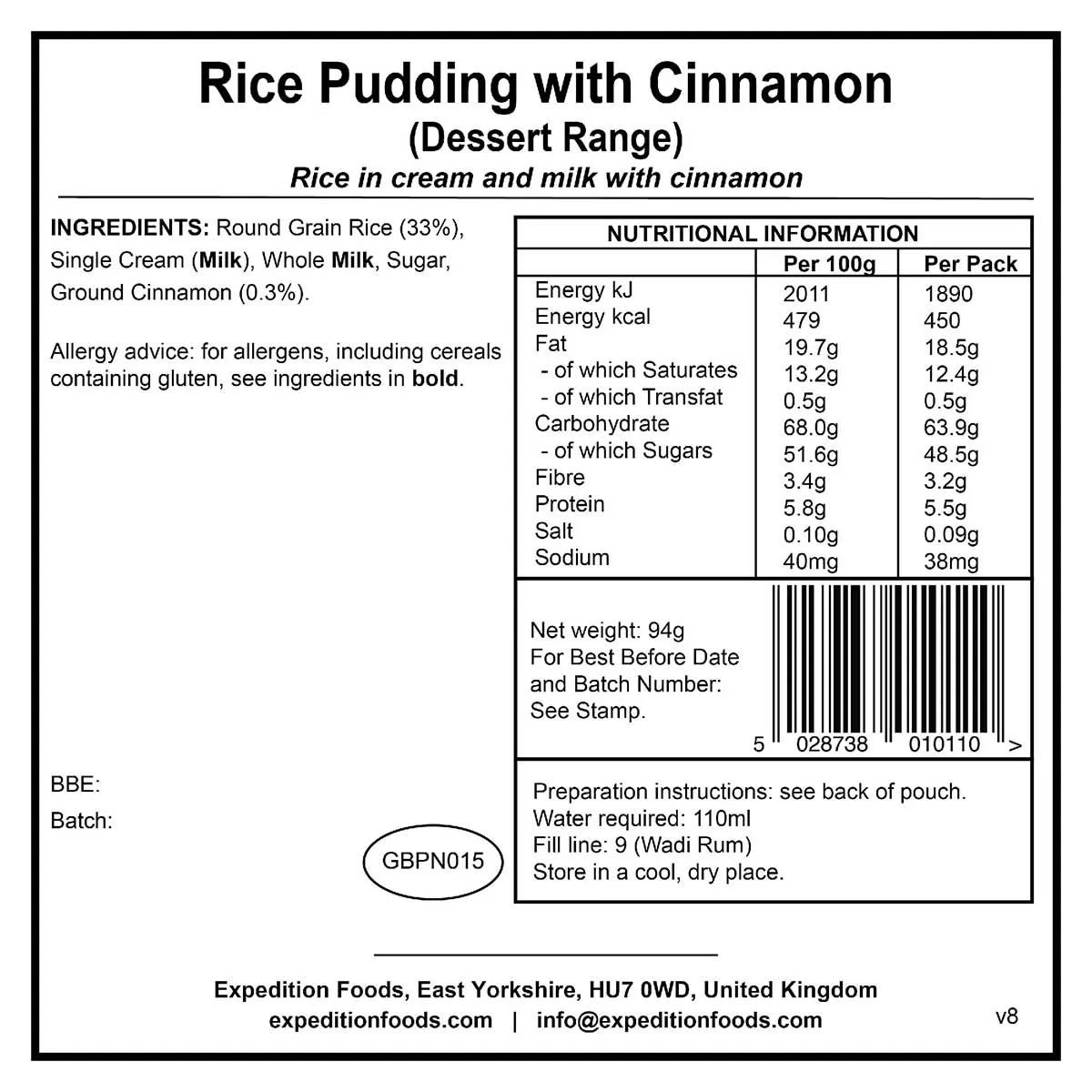 Expedition Foods Freeze-Dried Meal Rice Pudding with Cinnamon 450kcal