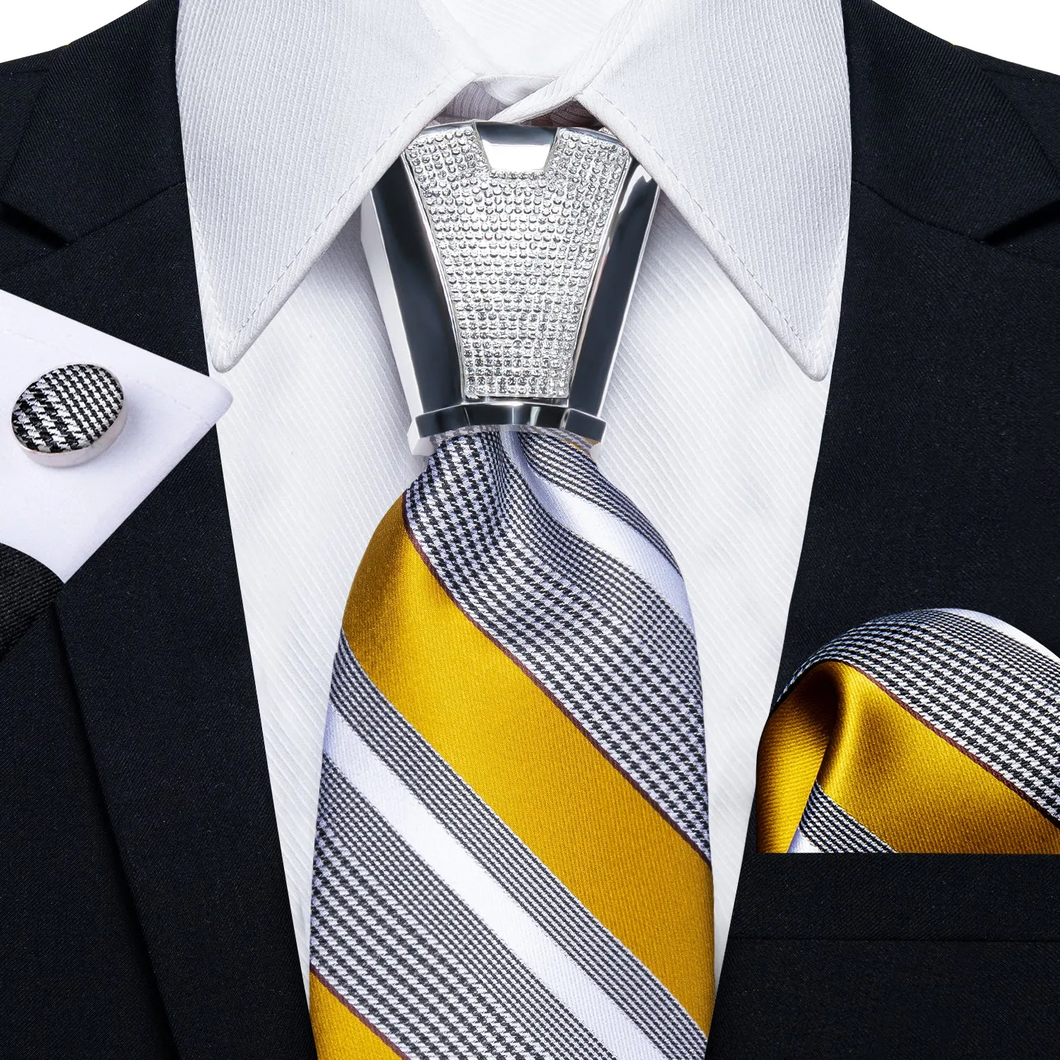 Grey Yellow Striped Tie Pocket Square Cufflinks Set with Spacious Ring