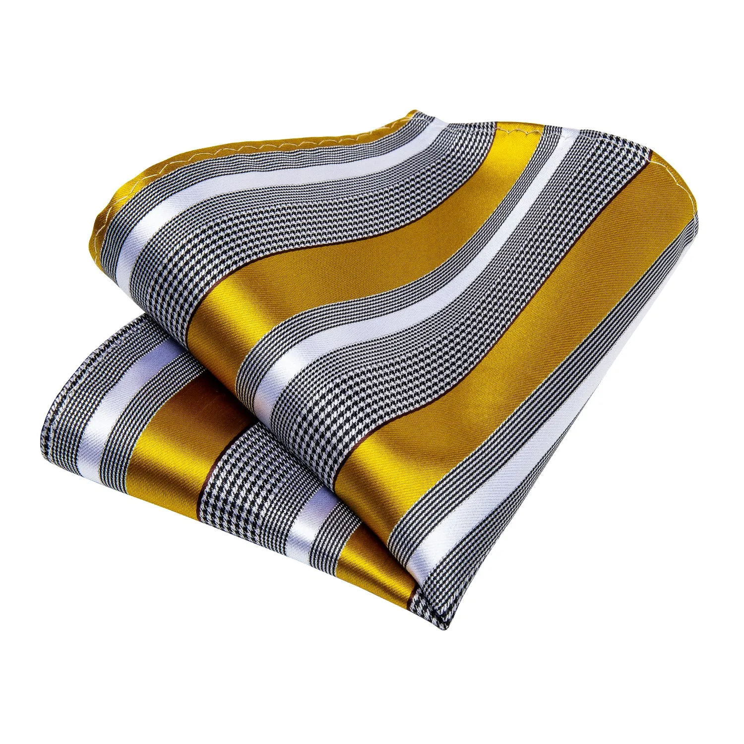 Grey Yellow Striped Tie Pocket Square Cufflinks Set with Spacious Ring