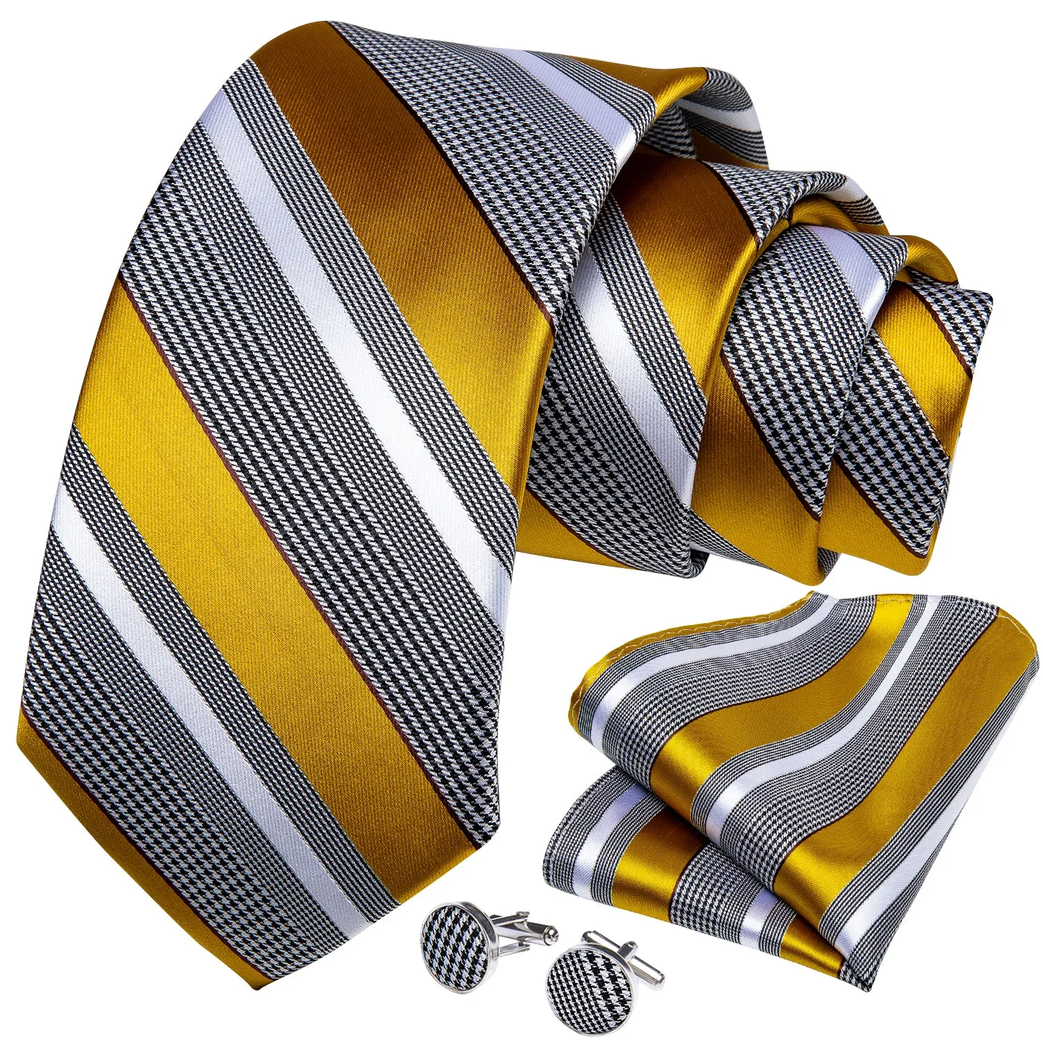 Grey Yellow Striped Tie Pocket Square Cufflinks Set with Spacious Ring