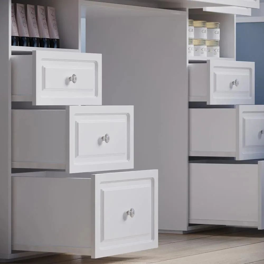 Large Vanity Desk with Lighted Mirror and 9 Drawers, Built-In Wireless Charger and Mini Fridge