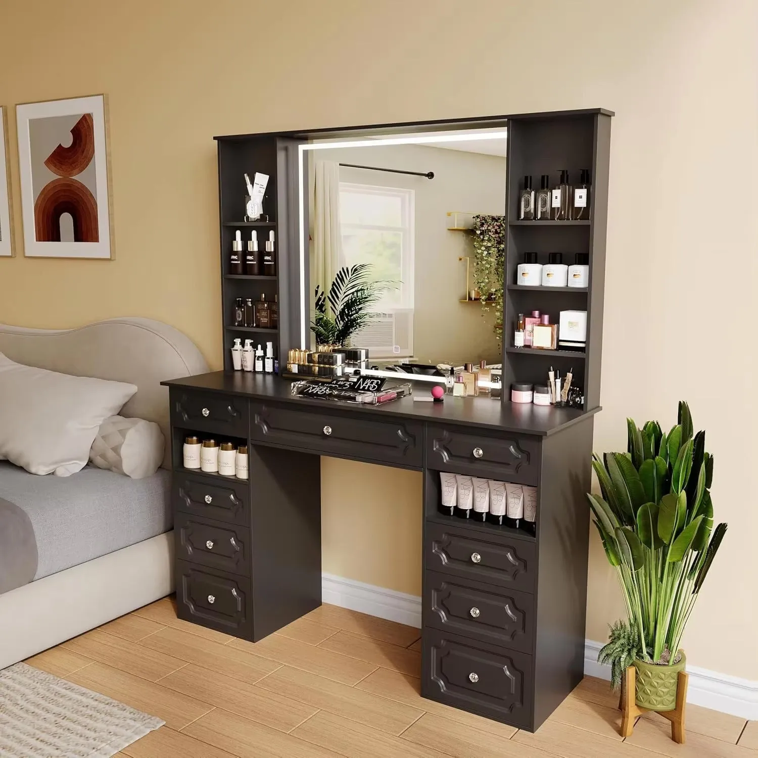 Large Vanity Desk with Lighted Mirror and 9 Drawers, Built-In Wireless Charger and Mini Fridge