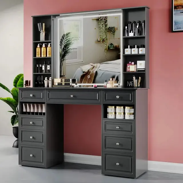 Large Vanity Desk with Lighted Mirror and 9 Drawers, Built-In Wireless Charger and Mini Fridge