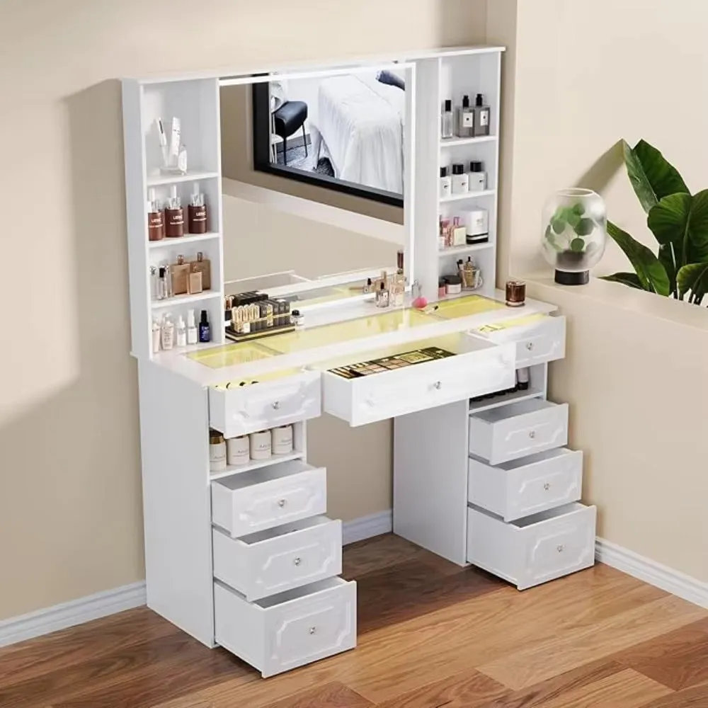 Large Vanity Desk with Lighted Mirror and 9 Drawers, Built-In Wireless Charger and Mini Fridge