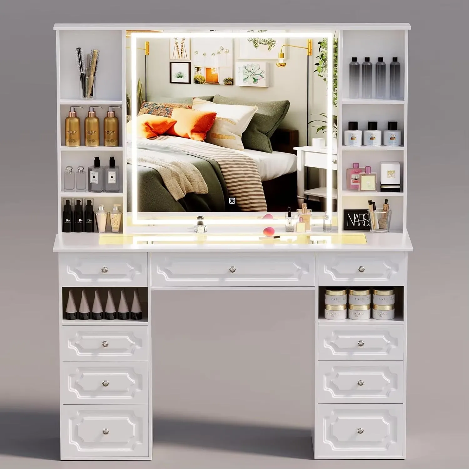 Large Vanity Desk with Lighted Mirror and 9 Drawers, Built-In Wireless Charger and Mini Fridge