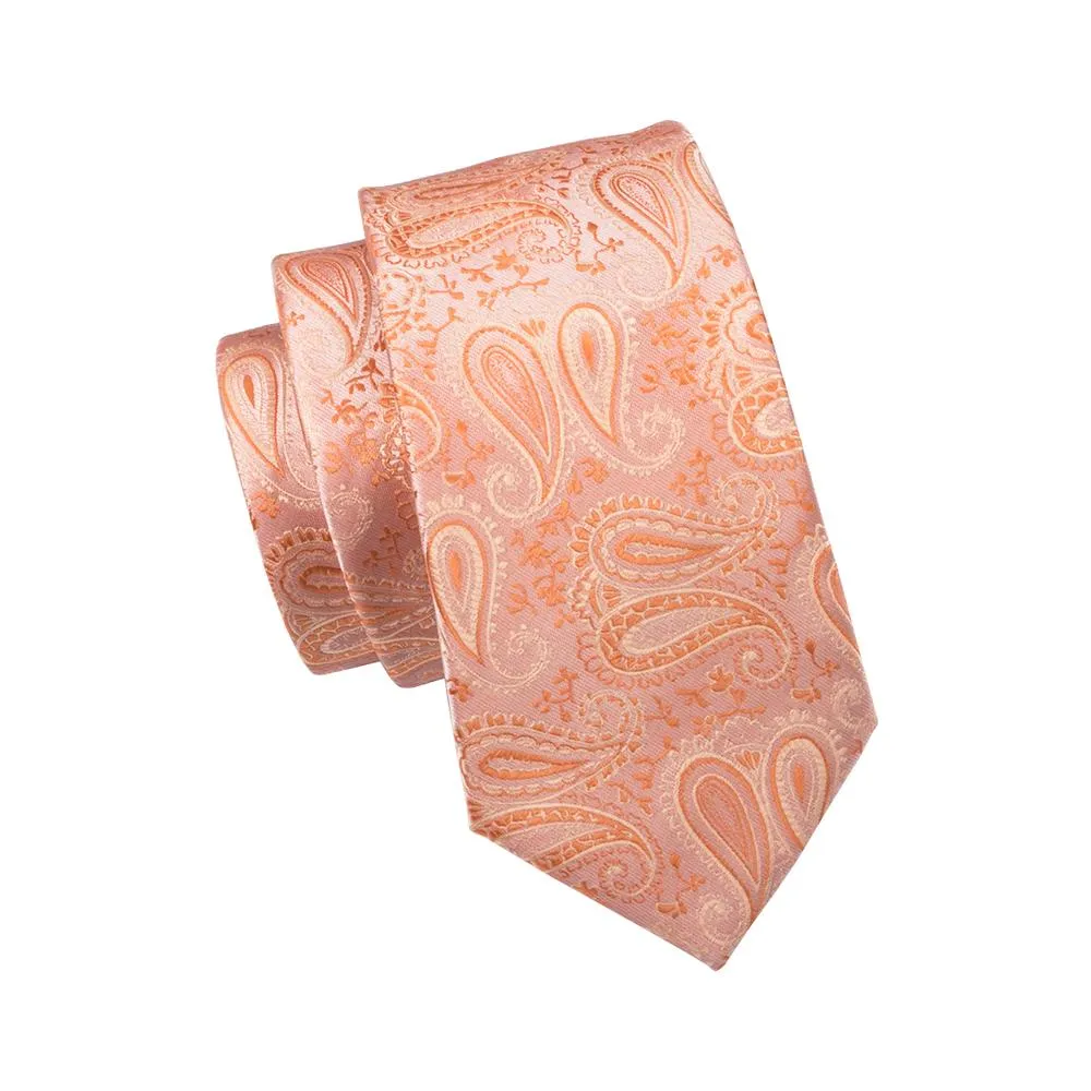 Light Orange Paisley Tie Pocket Square Cufflinks Set with Spacious Ring