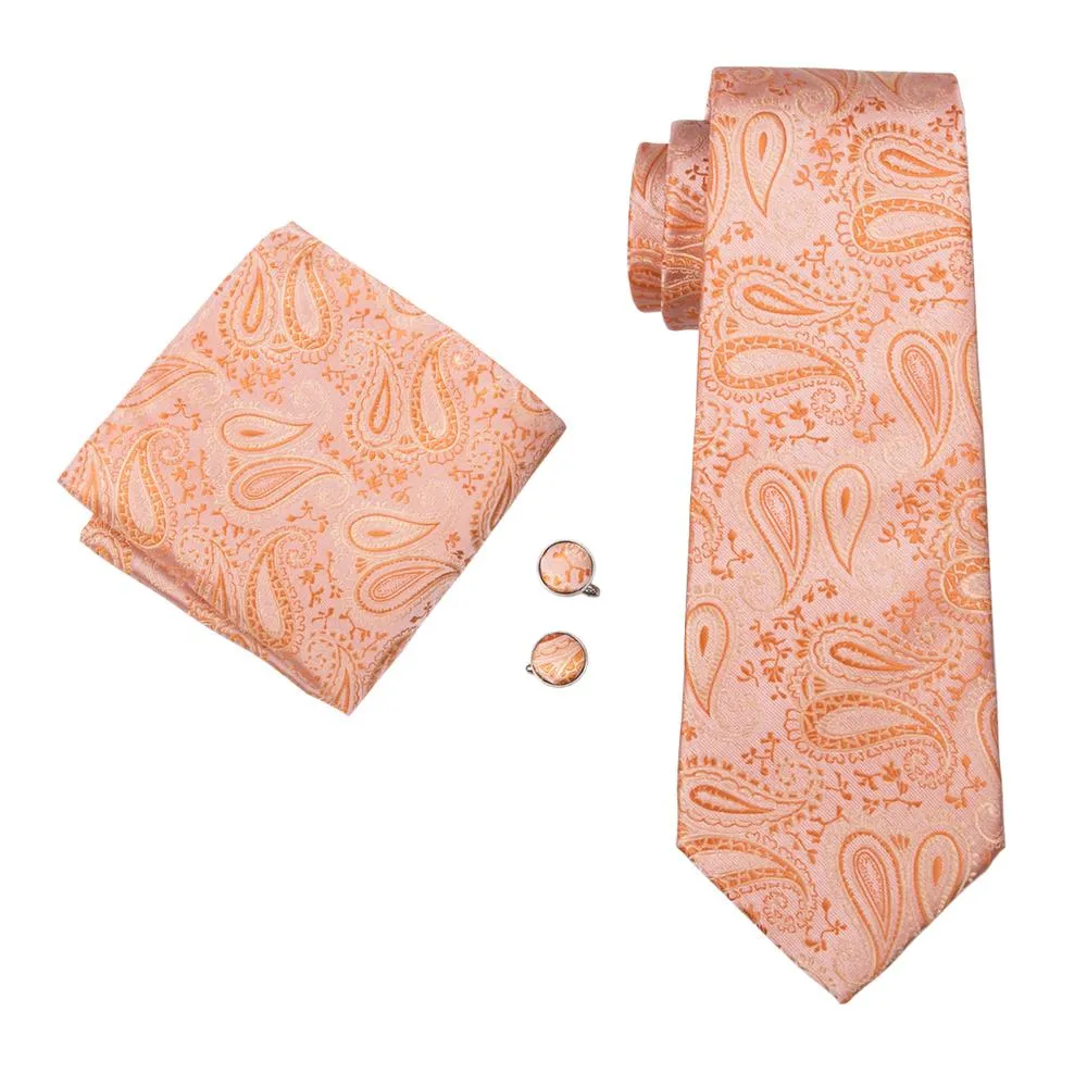 Light Orange Paisley Tie Pocket Square Cufflinks Set with Spacious Ring