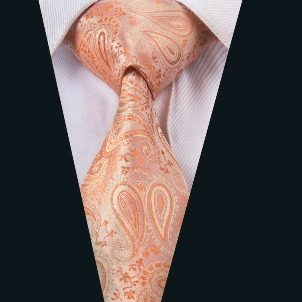 Light Orange Paisley Tie Pocket Square Cufflinks Set with Spacious Ring