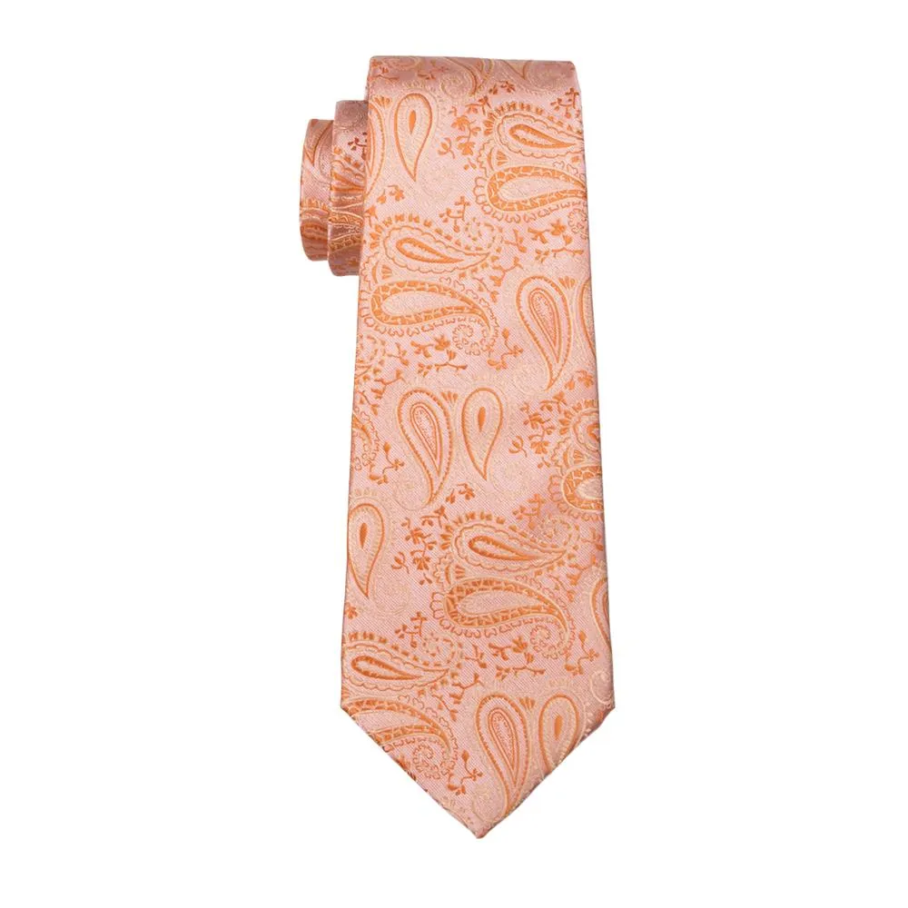 Light Orange Paisley Tie Pocket Square Cufflinks Set with Spacious Ring