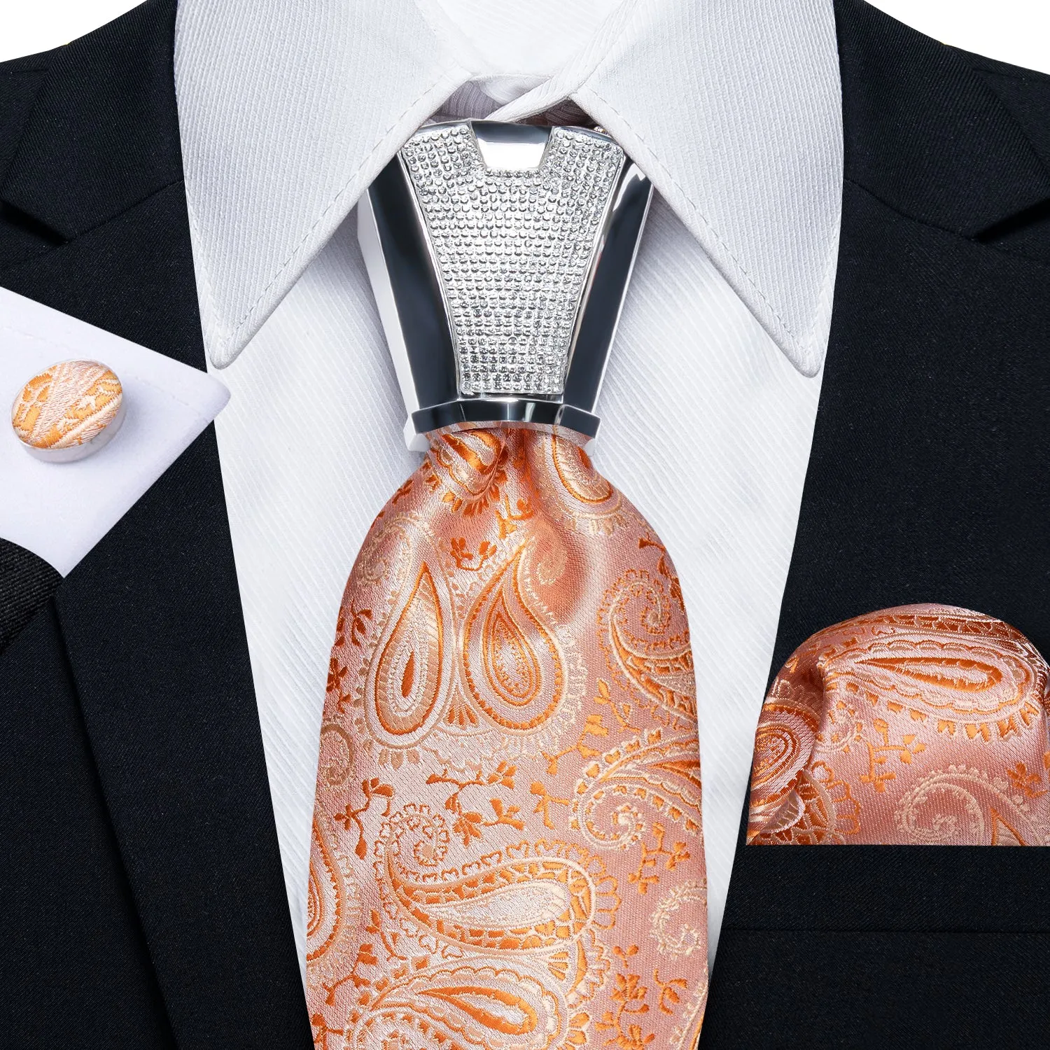 Light Orange Paisley Tie Pocket Square Cufflinks Set with Spacious Ring