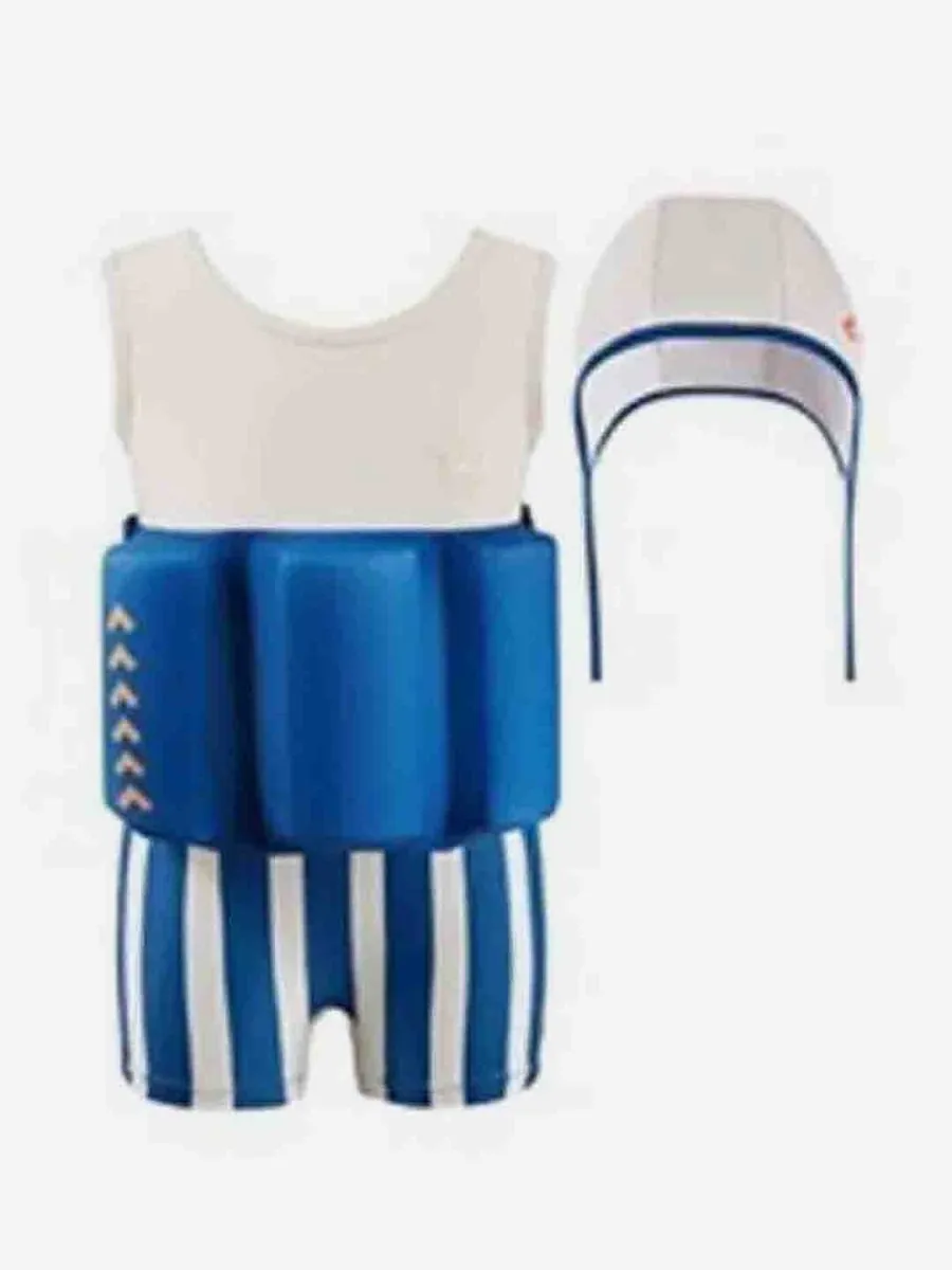 Little Surprise Box White & Blue Stripes Kids Swimsuit with attached Swim Floats  tie up cap in UPF 50 