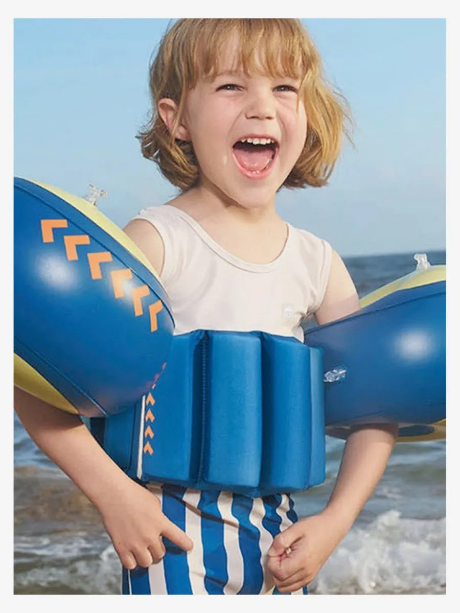 Little Surprise Box White & Blue Stripes Kids Swimsuit with attached Swim Floats  tie up cap in UPF 50 