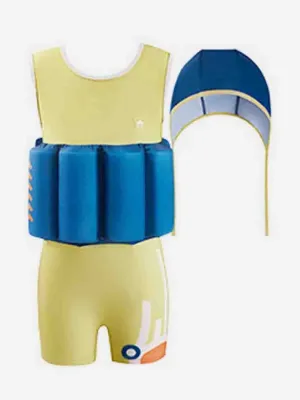 Little Surprise Box Yellow & Blue Kids Swimsuit with attached Swim Floats  tie up cap in UPF 50 