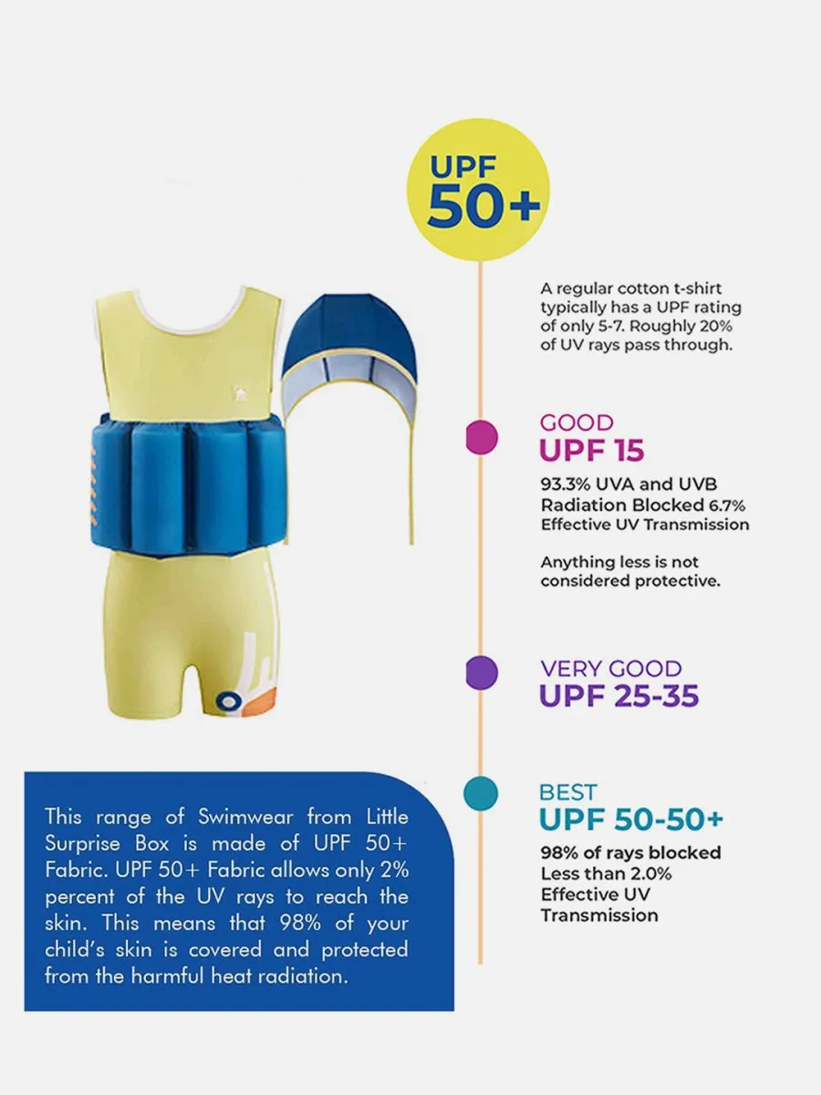 Little Surprise Box Yellow & Blue Kids Swimsuit with attached Swim Floats  tie up cap in UPF 50 