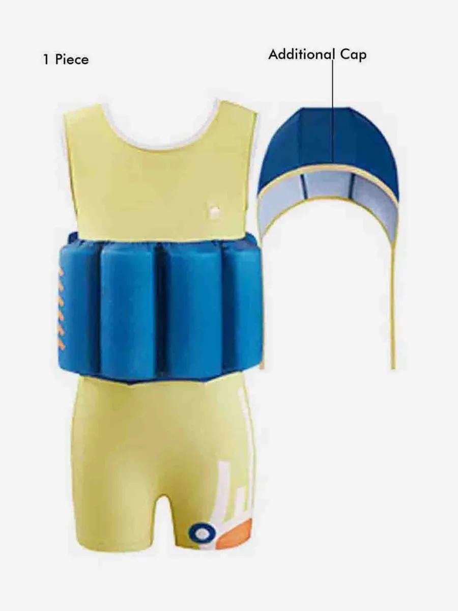 Little Surprise Box Yellow & Blue Kids Swimsuit with attached Swim Floats  tie up cap in UPF 50 