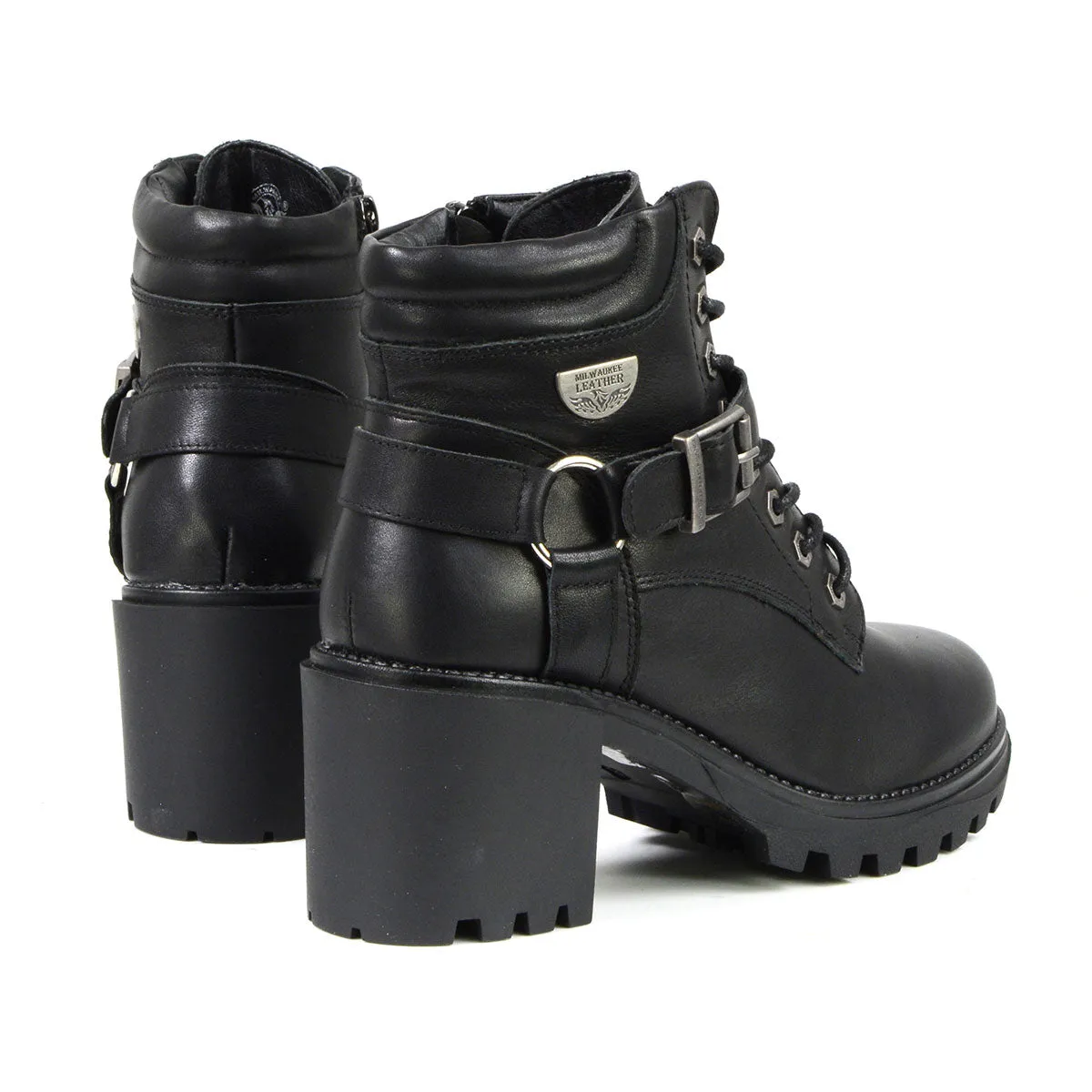 Milwaukee Leather MBL9316 Women's Black Leather Lace-Up Motorcycle Biker Riding Boot with Harness Ring