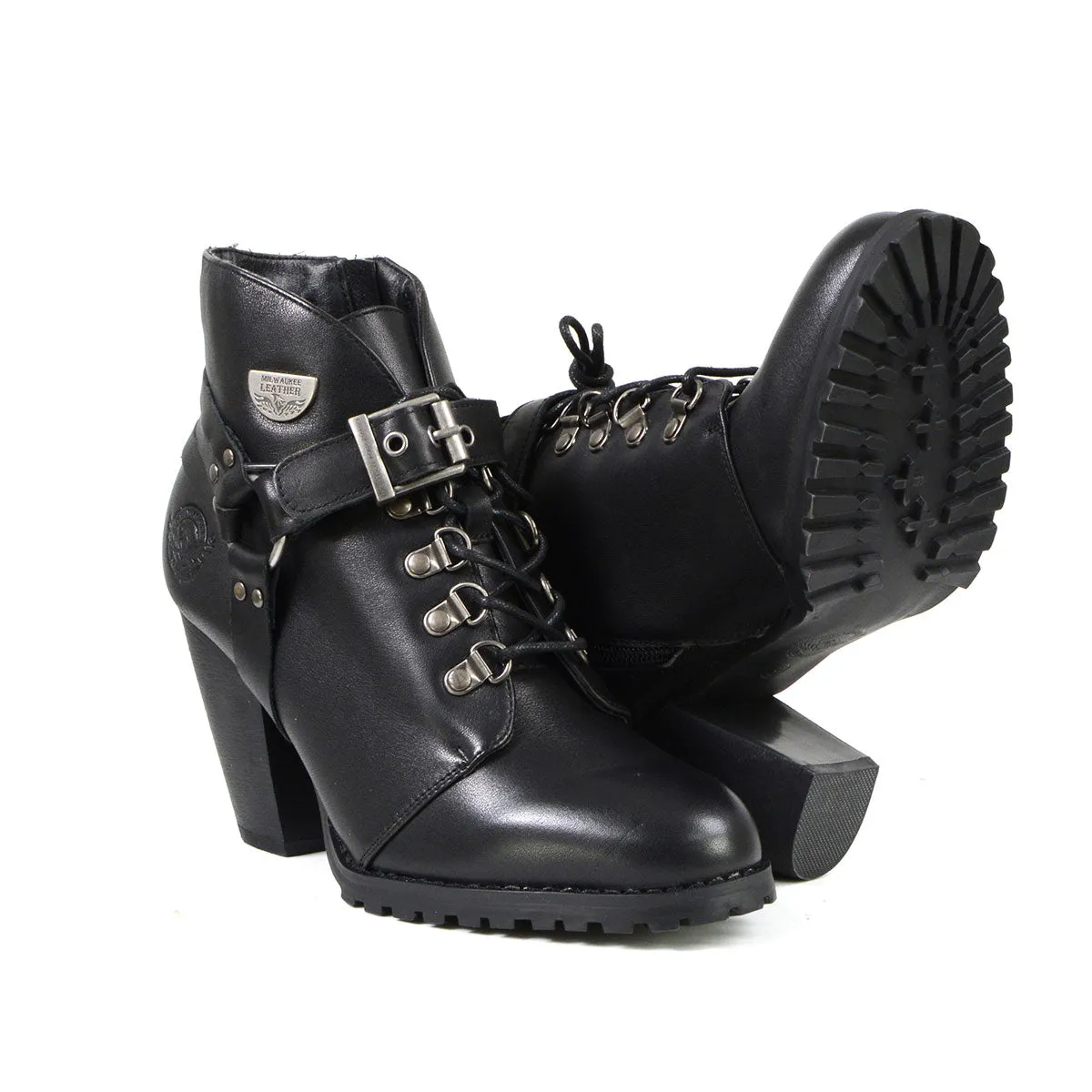 Milwaukee Leather MBL9458 Women's Premium Black Leather Fashion Casual Boots with Classic Harness Ring