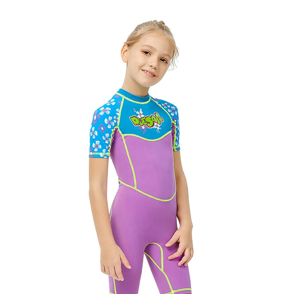 One piece Knee Length Kids Swimwear Purple & Blue Floral Print, UPF 50  with Cap