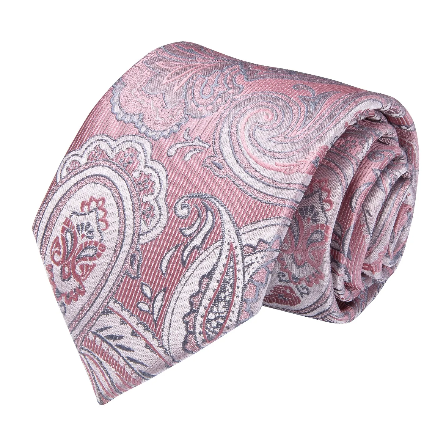 Silver Pink Paisley Tie Pocket Square Cufflinks Set with Spacious Ring