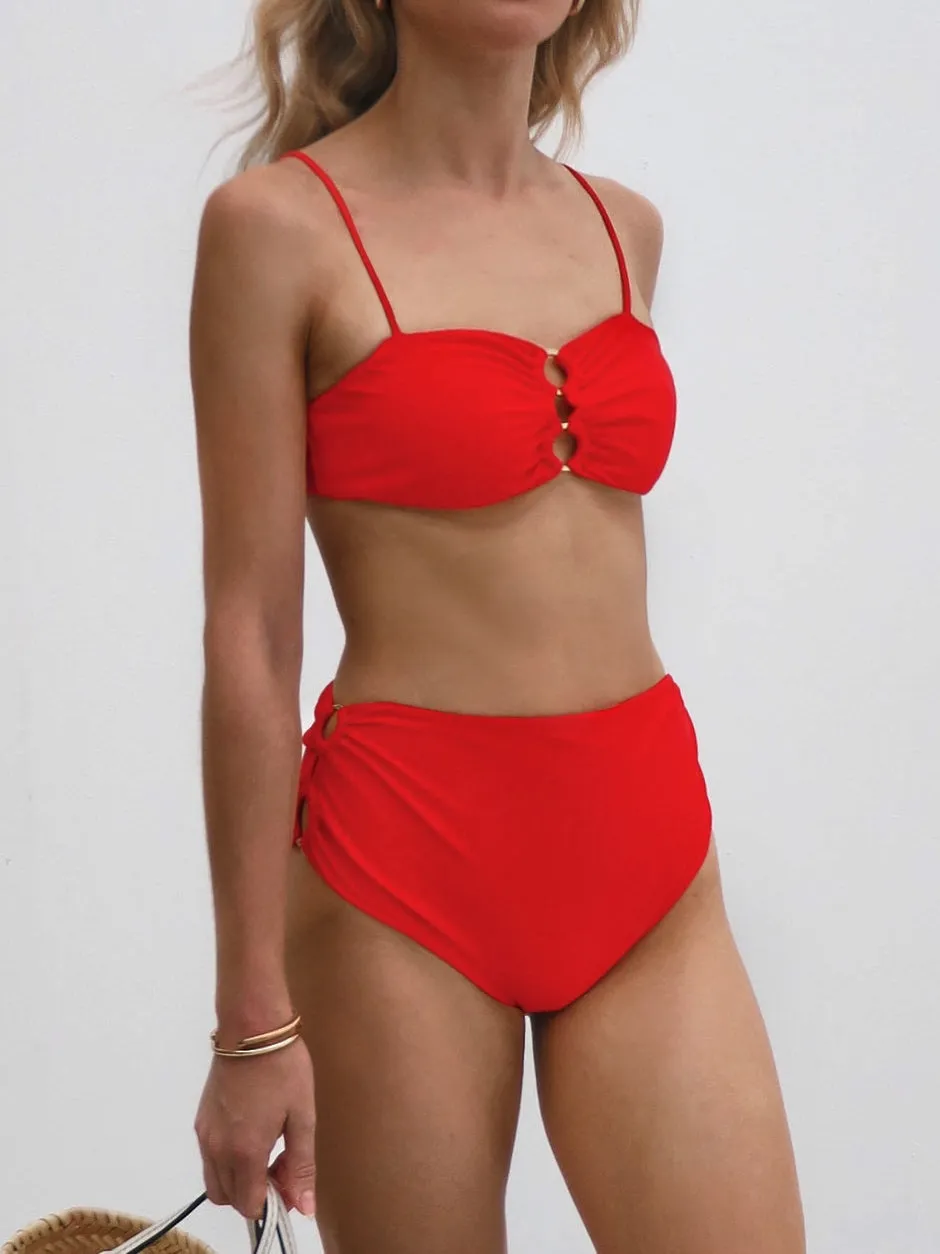 Suri Bikini Pant With Gold Ring Detail | Classic Red