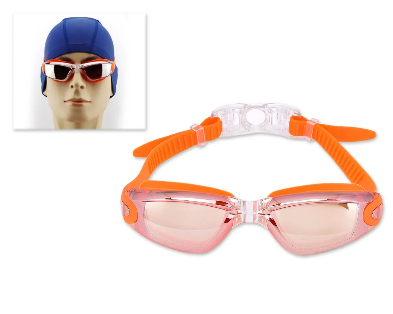 Swimming Goggles with Anti-fog Mirror Lens and Case - Orange